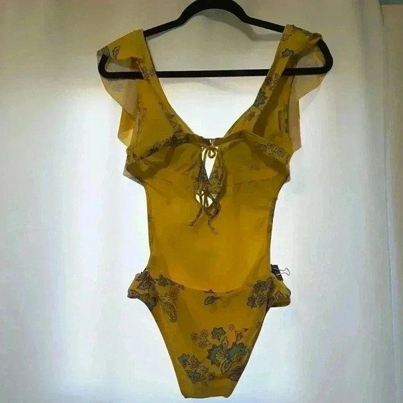 SAM EDELMAN Ruffle Front Swimsuit in Yellow Floral S - Picture 3 of 15